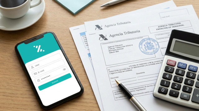 Un teléfono móvil mostrando la aplicación de Bizum junto a documentos oficiales de la Agencia Tributaria y una calculadora sobre una mesa de oficina
