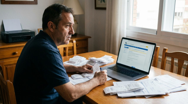 Un contribuyente revisando facturas y documentos fiscales junto a un ordenador portátil que muestra la web de la Agencia Tributaria para declarar las ventas de segunda mano