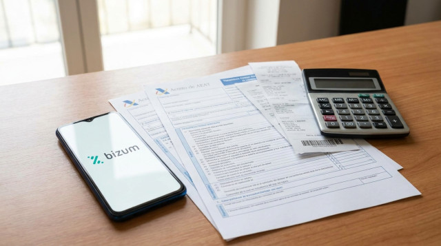 Un teléfono móvil mostrando la aplicación de Bizum junto a documentos fiscales y una calculadora sobre una mesa de oficina