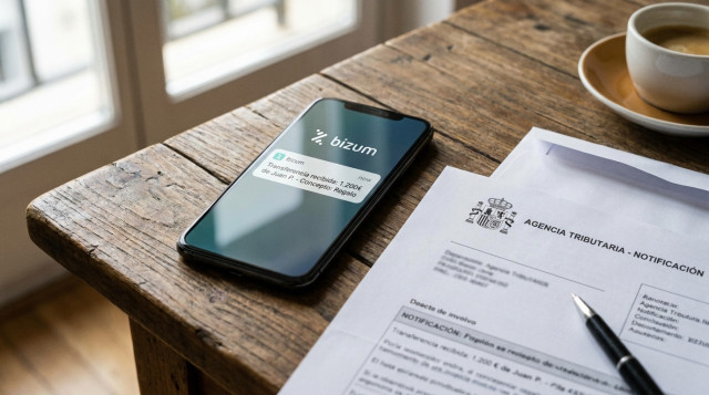 Un primer plano de un teléfono móvil mostrando una notificación de transferencia de Bizum junto a una carta oficial de la Agencia Tributaria sobre una mesa de madera