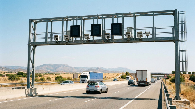 Un pórtico de carretera en España con cámaras de radar de tramo instaladas sobre los carriles de circulación en un día de verano soleado