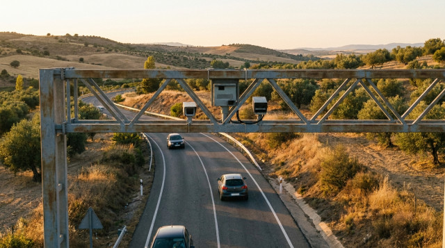Cámara de radar de tramo invisible instalada en un pórtico de una carretera secundaria española durante el atardecer