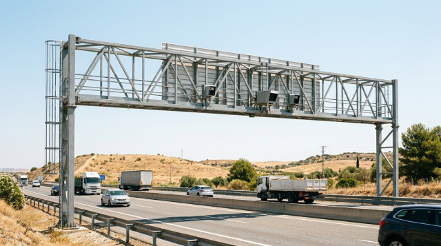 Un pórtico de carretera en España con cámaras de alta definición de los nuevos radares de tramo invisibles controlando el tráfico bajo el sol de verano