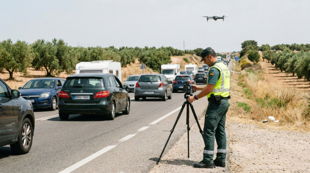 Un agente de la Guardia Civil de Tráfico ajustando un pequeño radar invisible Velolaser sobre un trípode junto a una carretera secundaria española durante la operación salida de ju