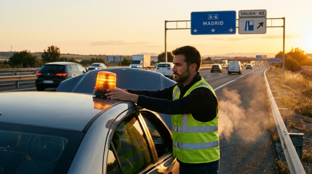Un conductor colocando una baliza V-16 geolocalizada en el techo de su coche averiado en el arcén de una autovía española durante el atardecer