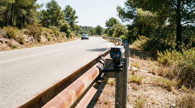 Un dispositivo de radar Velolaser de la DGT colocado discretamente sobre un guardarraíl en una carretera secundaria rodeada de vegetación durante un día soleado de verano