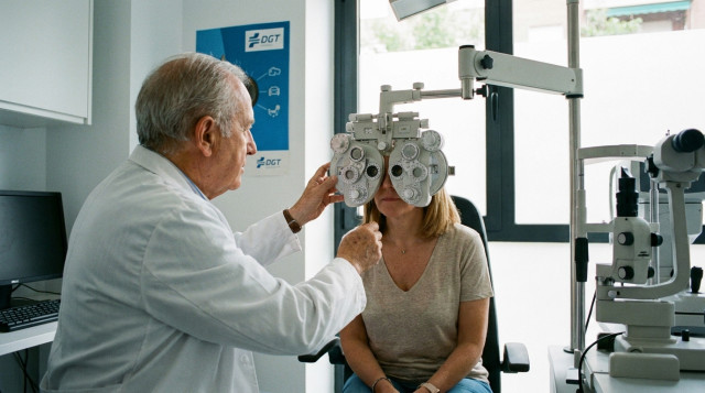 Un médico examinando la vista de un conductor en un centro de reconocimiento médico homologado en España