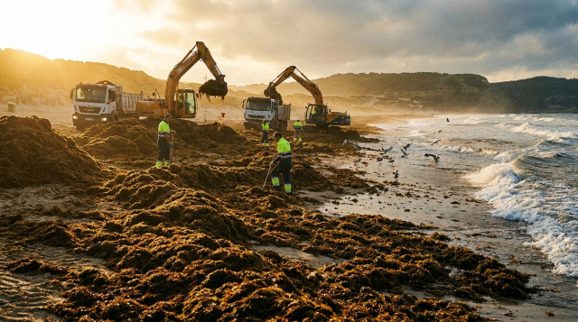 Operarios municipales retirando toneladas de alga asiática de una playa de Cádiz con maquinaria pesada durante el amanecer
