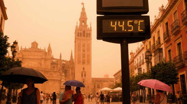 Termómetro digital en una calle de Sevilla marcando más de 44 grados bajo un sol abrasador, con la masa de aire sahariano distorsionando el paisaje de fondo