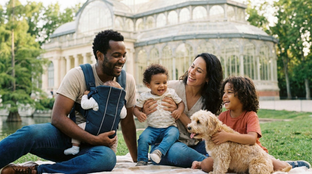 Una familia diversa sonriente en un parque de Madrid, representando la conciliación laboral y familiar bajo la nueva Ley de Familias