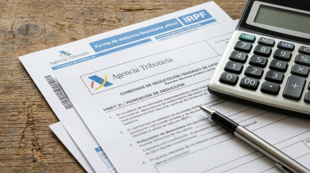 Un primer plano de documentos financieros oficiales de la Agencia Tributaria española junto a una calculadora y un bolígrafo sobre una mesa de madera, representando la planificació