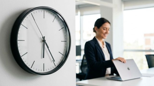 Un primer plano de un reloj de pared moderno en una oficina luminosa, con un empleado de fondo trabajando frente a un ordenador portátil, simbolizando la reducción de la jornada la