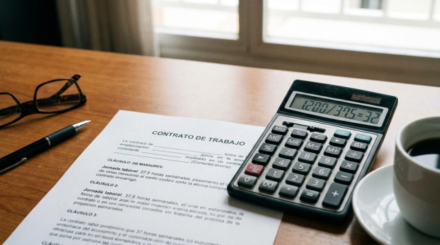 Un primer plano de un contrato de trabajo y una calculadora sobre una mesa de oficina, simbolizando el cálculo del salario tras la reducción de la jornada laboral