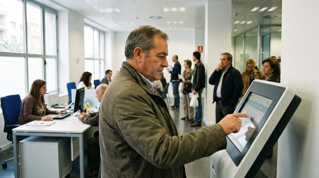 Ciudadano utilizando un terminal digital en una oficina de la Seguridad Social para confirmar su cita previa