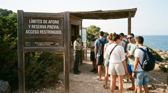 Turistas haciendo cola de forma ordenada frente a un punto de control de acceso con un cartel informativo sobre límites de aforo y reserva previa en un entorno natural de España