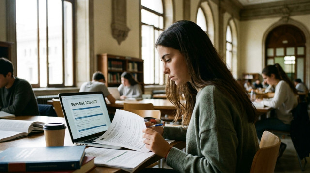 Estudiante universitario en una biblioteca revisando documentos en su ordenador portatil para solicitar las becas MEC