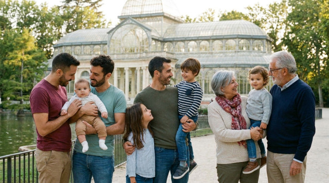 Una familia diversa en un parque de Madrid, mostrando la variedad de modelos familiares protegidos por la Nueva Ley de Familias en España