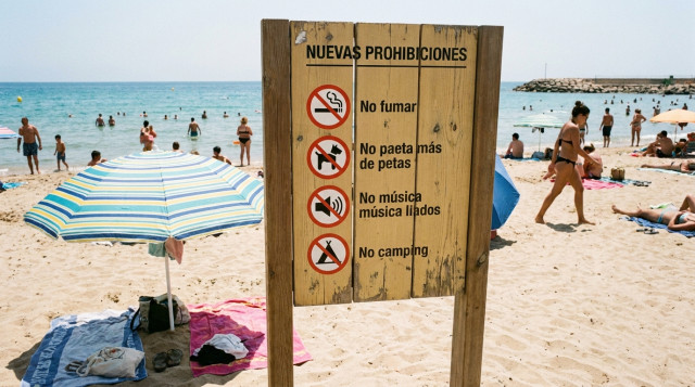 Una playa concurrida en España con un cartel informativo de prohibiciones y una sombrilla en primer plano bajo el sol de verano