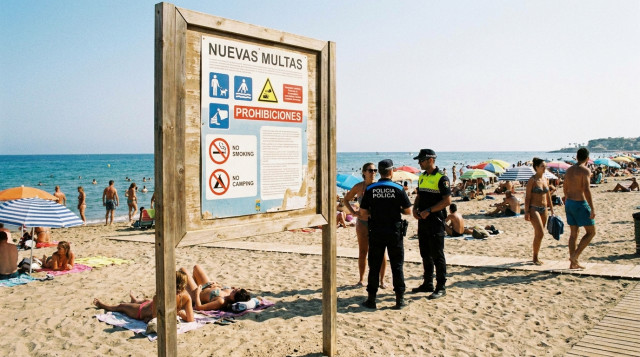 Una playa de España con carteles informativos sobre las nuevas multas en las playas de España y prohibiciones de fumar y acampar