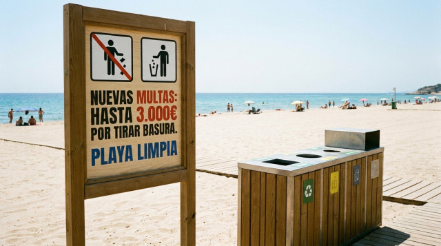 Una playa del Mediterráneo español limpia con un cartel informativo sobre las nuevas multas por tirar basura en las playas españolas y un contenedor de reciclaje en primer plano