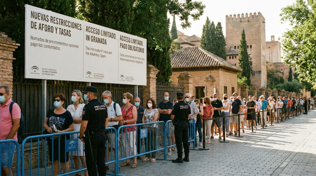 Turistas haciendo cola de forma ordenada frente a la Alhambra de Granada con carteles informativos sobre las nuevas restricciones de aforo y tasas de acceso