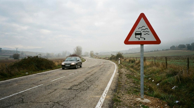 Nueva señal de la DGT de peligro por visibilidad reducida instalada en el arcén de una carretera secundaria
