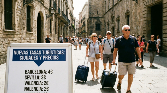 Turistas con maletas paseando por el centro histórico de una ciudad española, con un cartel informativo sobre la tasa turística en primer plano