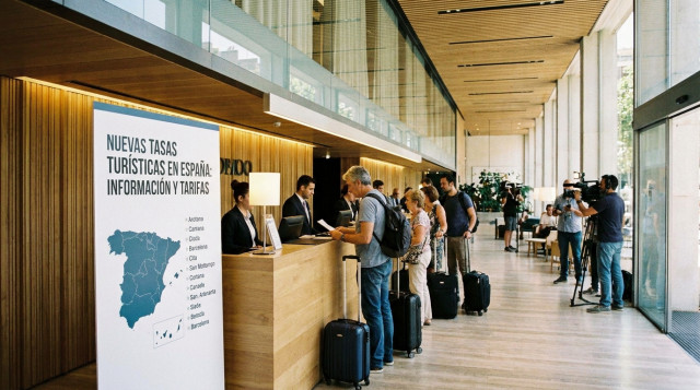 Recepción de un hotel moderno en Barcelona con un cartel informativo sobre las nuevas tasas turísticas en España