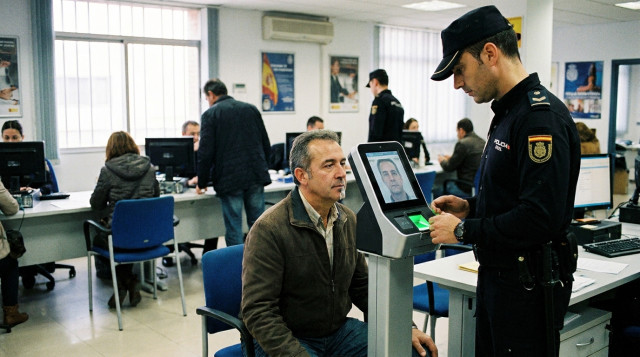 Un ciudadano en una oficina de la Policía Nacional realizando el trámite para renovar el DNI en España frente a un dispositivo de captura biométrica digital