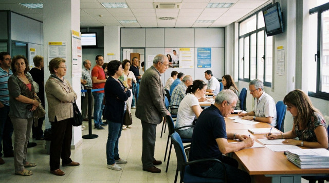 Oficina del Servicio Público de Empleo Estatal SEPE en España con ciudadanos realizando trámites para solicitar el subsidio por desempleo