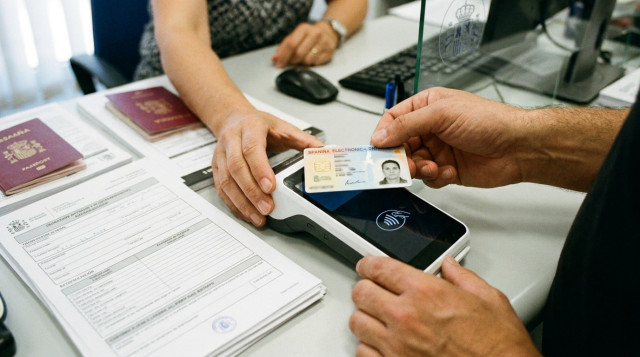 Una tarjeta de DNI electrónico sobre una mesa de atención oficial con un terminal de pago electrónico y documentación administrativa
