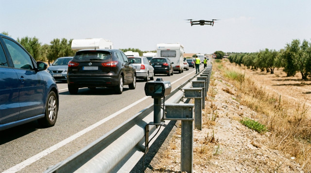 Un radar Velolaser de la DGT colocado discretamente sobre un guardarraíl en una carretera secundaria durante la Operación Salida de julio