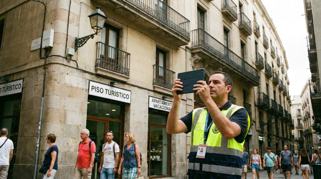 Un inspector municipal de turismo revisando la fachada de un edificio de pisos turísticos en el centro de Barcelona con un dispositivo móvil