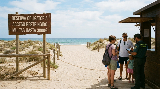 Control de acceso y barrera de entrada en una playa protegida de España con cartel informativo de reserva obligatoria