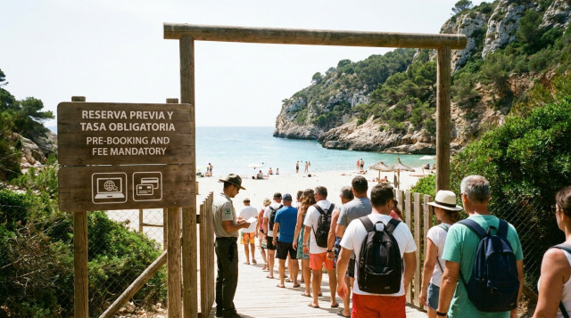 Turistas accediendo de forma ordenada a una de las playas y espacios naturales en España que exigen reserva previa y pago de tasa para acceder este verano, con un cartel informativ