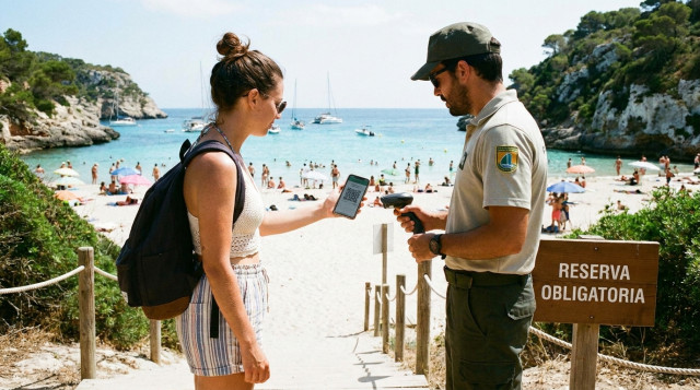 Un turista mostrando un código QR de reserva en la pantalla de su teléfono móvil para acceder a una playa protegida en España