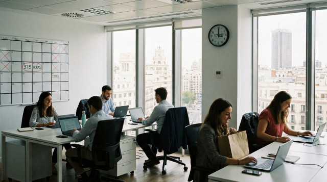 Oficina moderna en Madrid con empleados trabajando en sus ordenadores, representando la reducción de la jornada laboral a 37,5 horas