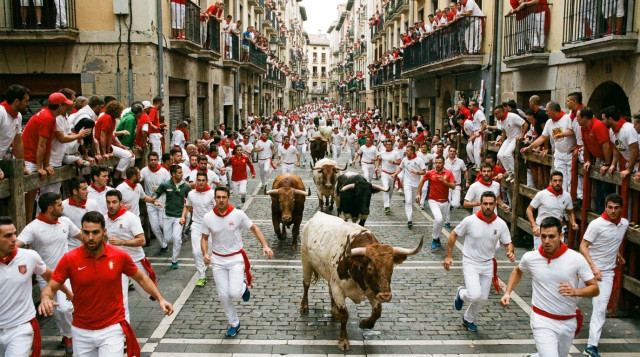 Corredores vestidos de blanco y rojo participando en el encierro de San Fermín 2026 por la calle Estafeta de Pamplona