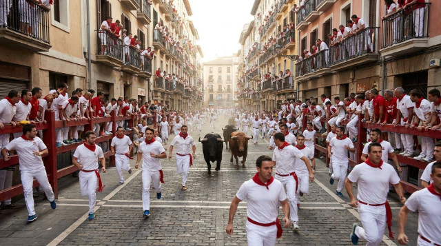Corredores vestidos de blanco y rojo corriendo delante de los toros en la mítica calle Estafeta durante los encierros de Pamplona