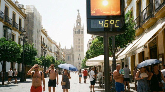Termómetro urbano marcando temperaturas extremas en una calle concurrida de Sevilla durante la alerta por calor extremo en España