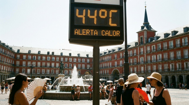Termómetro urbano digital marcando una temperatura extrema bajo un sol radiante en una plaza céntrica de Madrid, ilustrando el nivel de riesgo por altas temperaturas