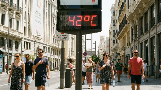 Termómetro digital en una calle de Madrid marcando una temperatura extrema de 42 grados bajo un sol abrasador, representando la activación del Plan Nacional frente al Calor Extremo
