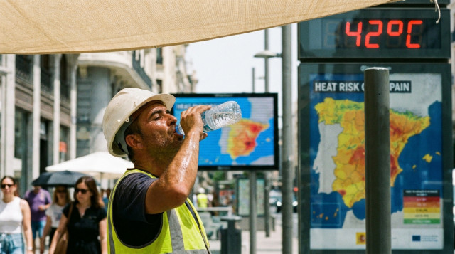 Un trabajador de la construcción bebiendo agua bajo la sombra en una calle de España durante un día caluroso de verano