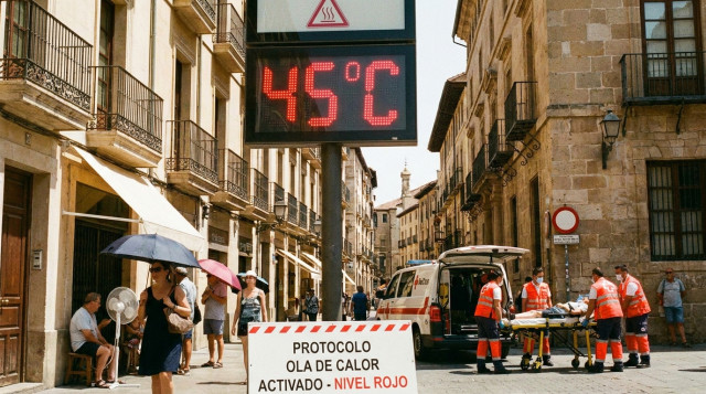 Termómetro urbano marcando temperaturas extremas en una calle española durante la activación del protocolo sanitario por ola de calor