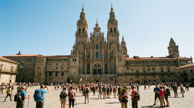 Vista panorámica de la Catedral de Santiago de Compostela con turistas y peregrinos en la Plaza del Obradoiro bajo un cielo despejado