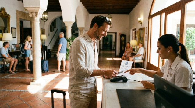 Recepción de un hotel en España donde un turista realiza el pago de la tasa turística con tarjeta de crédito durante el verano