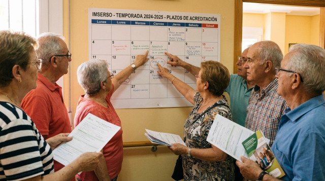 Personas mayores consultando el calendario oficial de acreditación para las solicitudes de los Viajes del Imserso