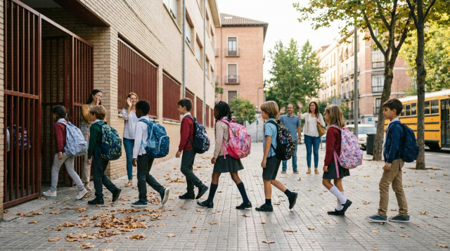 Un grupo de estudiantes de primaria caminando hacia la entrada de un colegio en la vuelta al cole