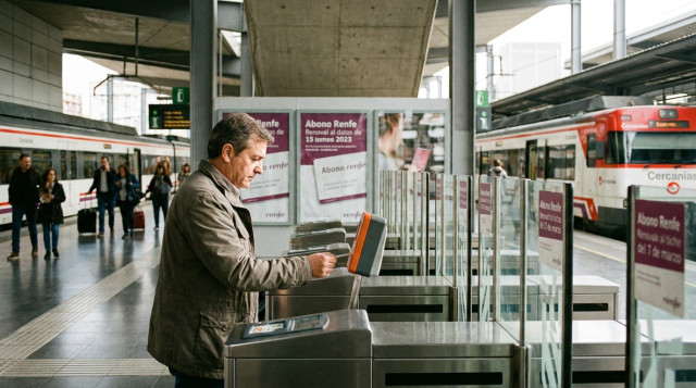 Pasajero validando un billete en un torno de estación de tren de cercanias durante la renovacion del abono de Renfe