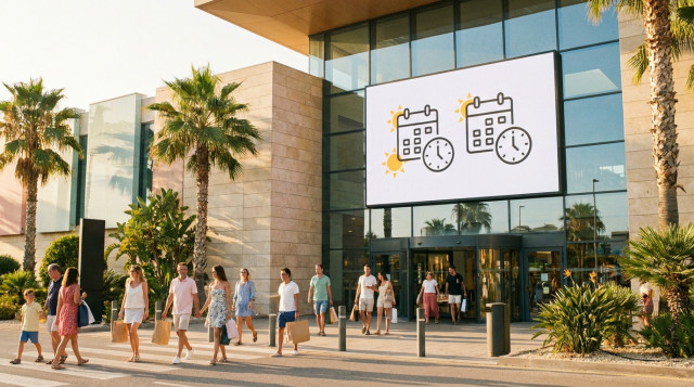 Fachada de un centro comercial en España con luz estival y cartel informativo sobre la apertura en festivos de agosto